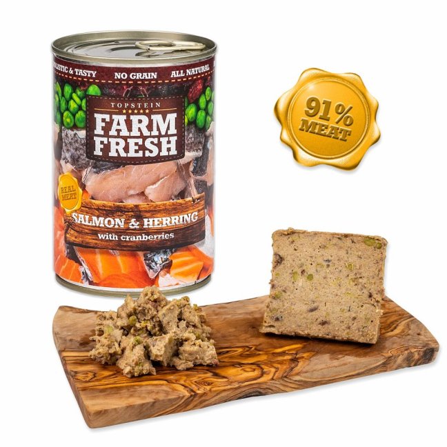 Konzerva Farm Fresh Salmon and Herring with Cranberries - Losos a sleď pro psy i kočky (375g / 750g) - Varianta: 750 g